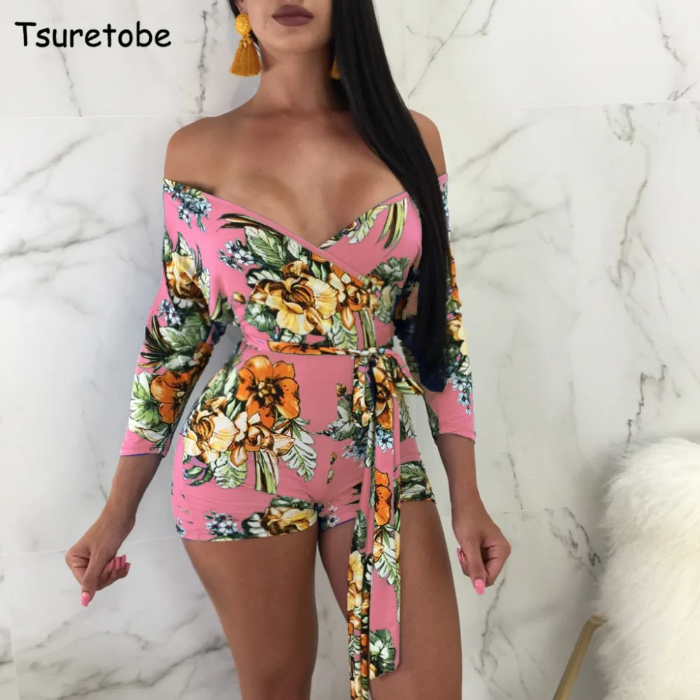 Женский комбинезон с открытыми плечами Tsureobe летний элегантный пляжный принтом 4