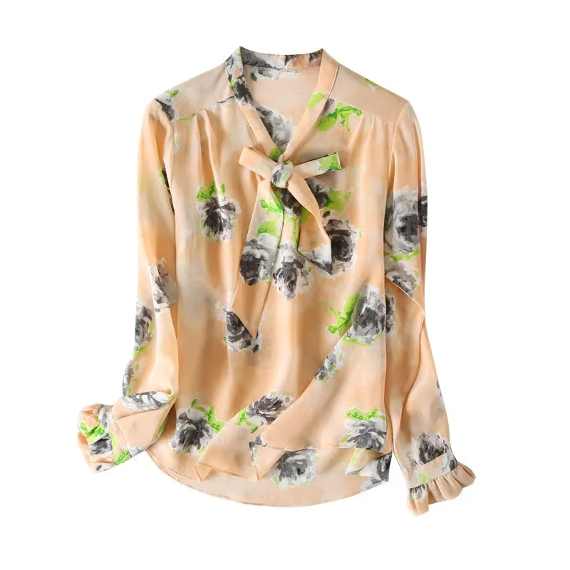 Винтажная Женская шелковая блузка с цветочным принтом 100% натуральный шелк топы и