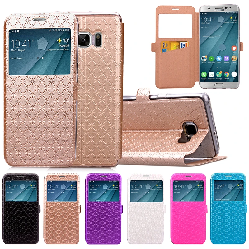 Slim Grid Texture PU Leather Cases Bling Glitter Window View Wallet Card Flip Case Stand Cover For Samsung Galaxy S7 Edge Note 7 |