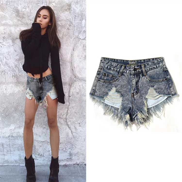 Women's Jeans New Fashion Slim High Waist Grinds Irregular Leaks Pockets Tassel Snowflakes Retro Denim Shorts