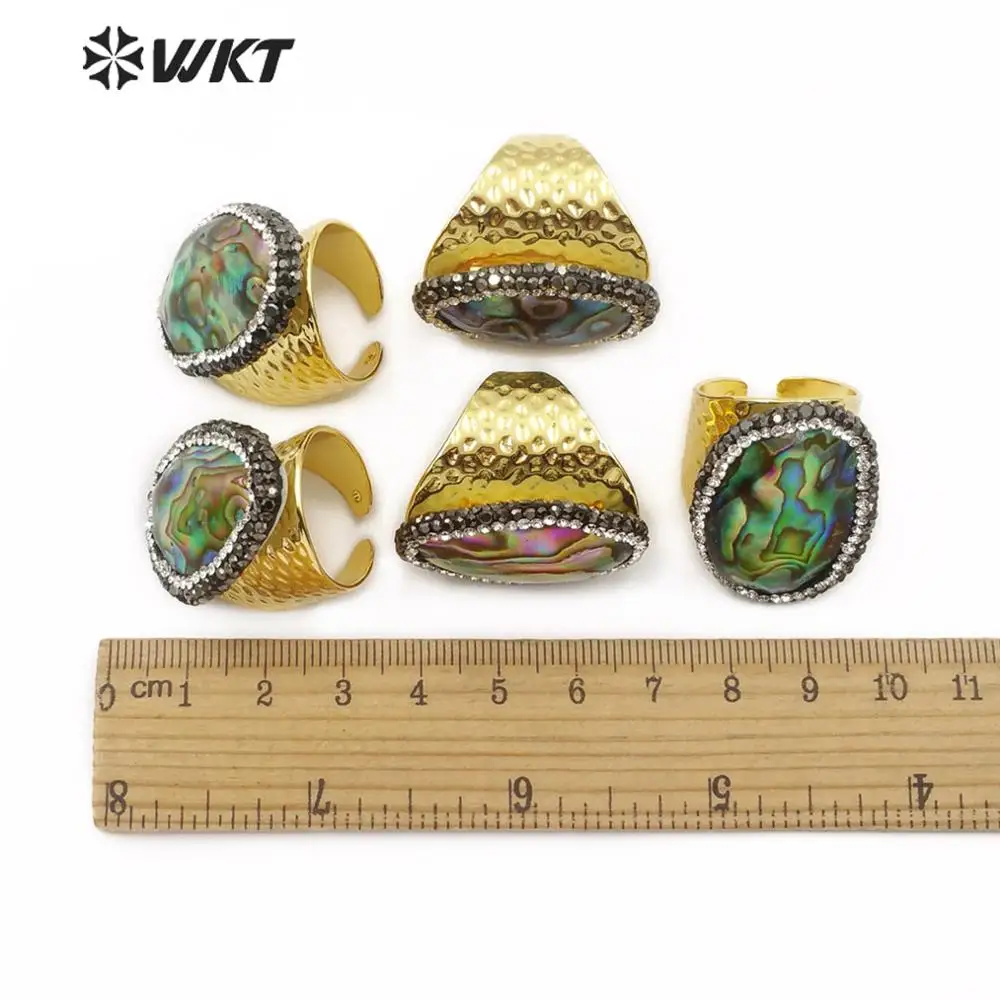 WT-RR030 Abalone Shell Ring with Rhinestone Pave Beautiful Rainbow Color Natural Sea Adjustable For Women | Украшения и