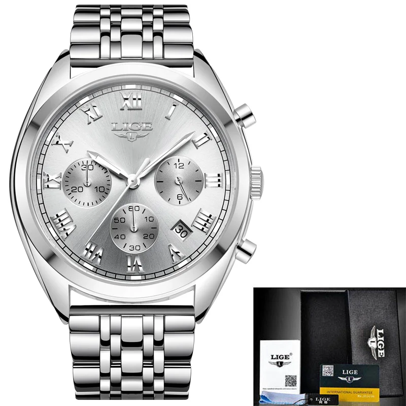 steel silver white LIGE мужские часы Топ люксовый бренд бизнес хронограф кварцевые часы мужские повседневные кожаные водонепроницаемые часы мужские Relogio Masculino - Цвет: steel silver white