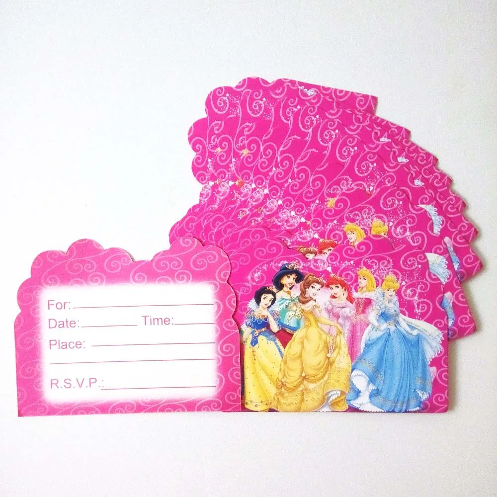 Invitation card 10pc Дисней шесть принцесса принадлежности для тематической вечеринки тарелка чашки соломинки флаг скатерти коробка конфет Ножи Ложки салфетки День рождения украшения - Цвет: Invitation card 10pc