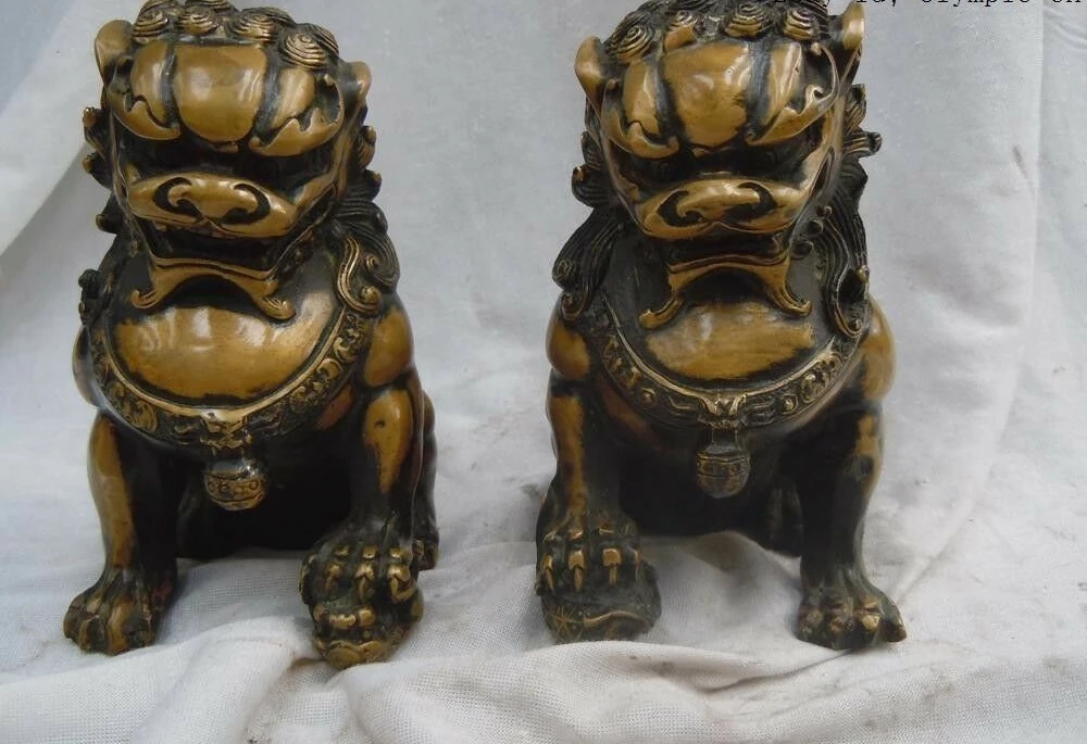 

6" China old brass copper finely carved Foo Dogs Lion pair Sculpture statues