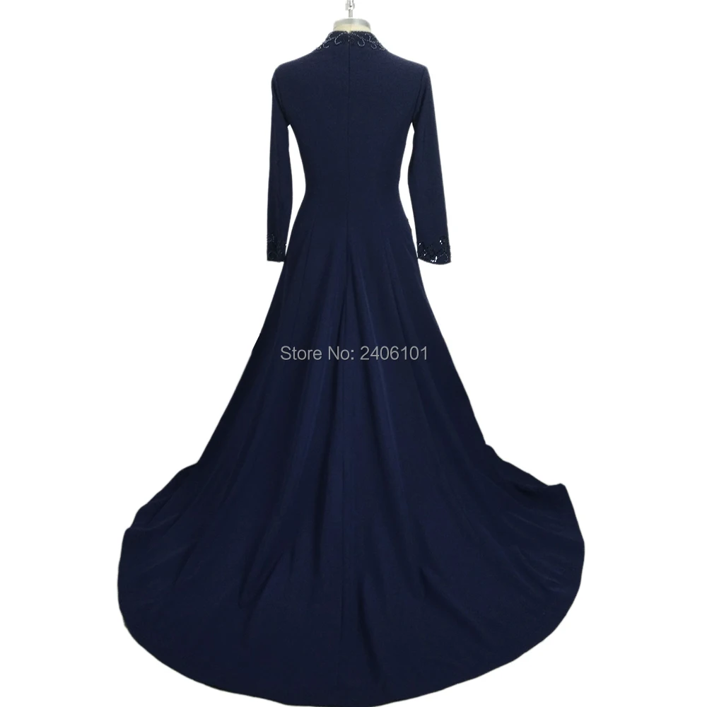 Navy Blue Satin Evening Dresses Embroidery Plunging V Neck Full Sleeve Beaded Formal Floor Length Wedding Party Dress | Свадьбы и