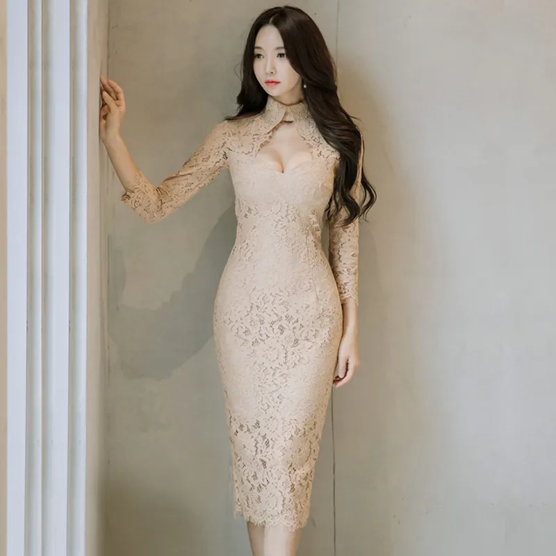 Высококачественное женское платье 2019 элегантное и облегающее ажурное Кружевное