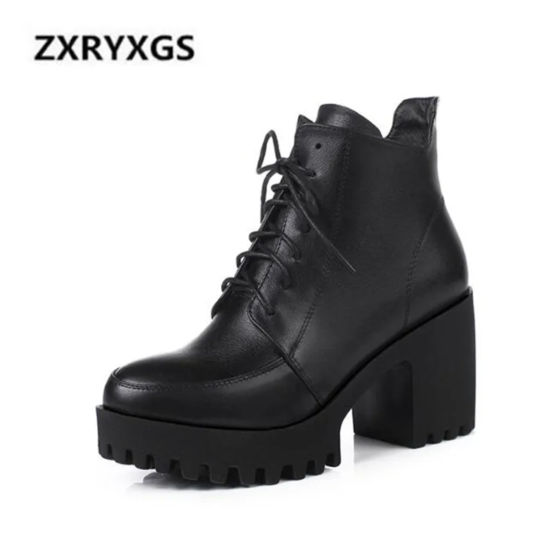

2022 New Autumn and Winter Boots Women Shoes Black Lace Cow Leather Boots Non-slip Thick Heel Women Boots Warm Wool Martin Boots