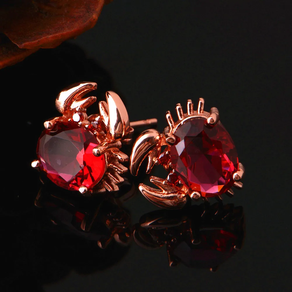 Almei Rose Gold Color Orecchini Red Crystal Earrings Women Children Korean Jewelry Cute Crab Animals Stud Earring Jewellery R695 | Украшения