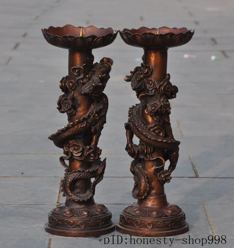 

christmas Chinese Fengshui Bronze 2 Dragon paly beads Lotus Candlestick Candle Holder Pair halloween