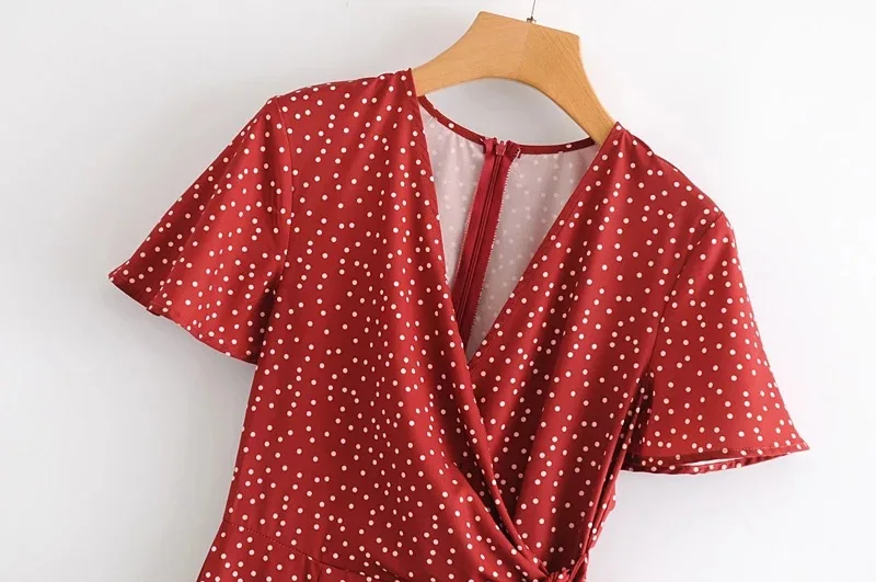 Женское платье с запахом и принтом в горошек красное мини-платье оборками бантом