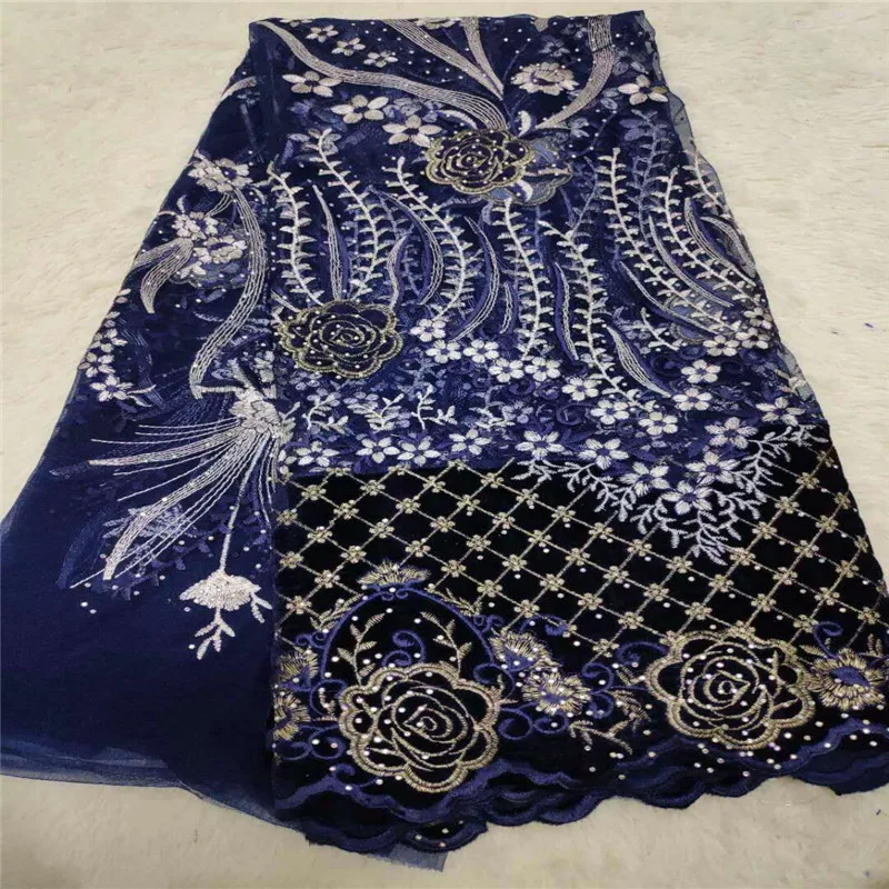 Королевский синий цветок ткань нигерийские платья бархатная нигерийская
