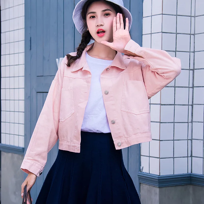 Яркие джинсовые куртки женские весна осень с длинным рукавом Короткие пальто 2019