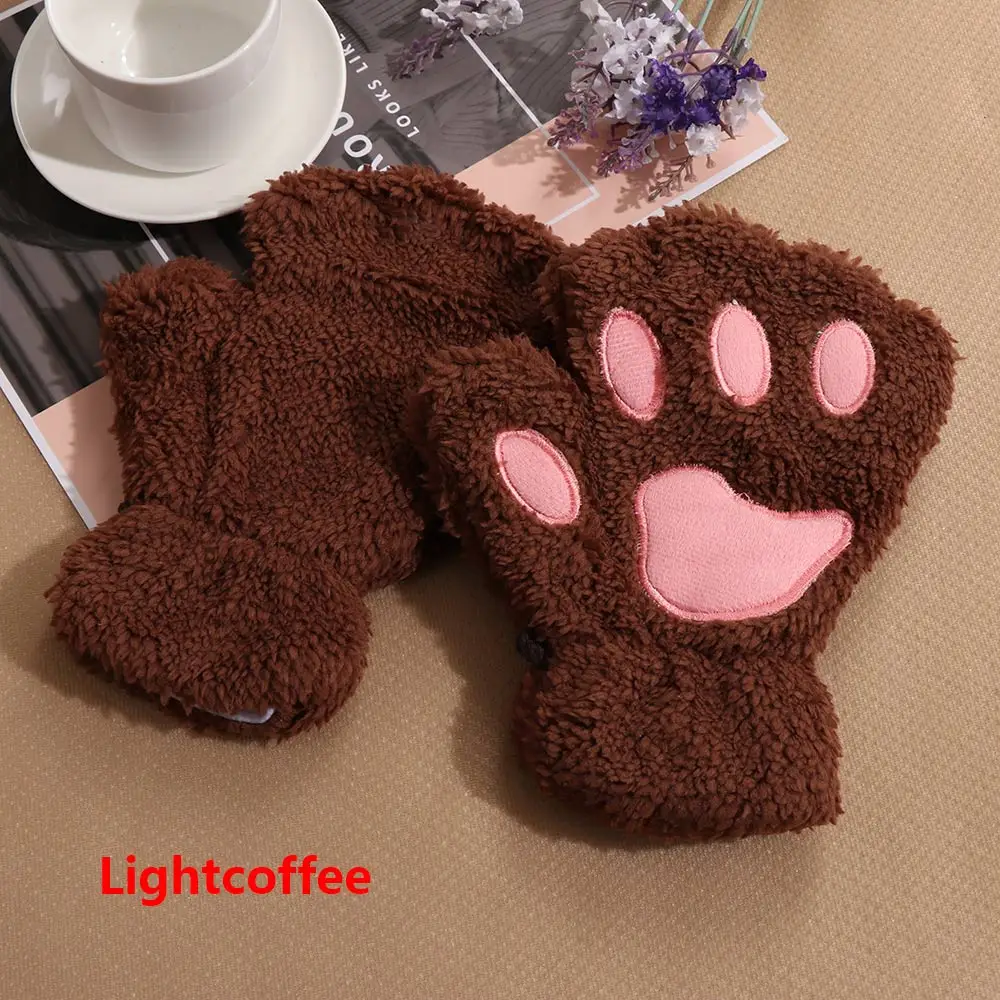 light coffee 1 пара для женщин и девочек прекрасная зимняя теплая перчатки без пальцев пушистый медведь кошка плюшевые лапы коготь Половина пальцев перчатки варежки новые - Цвет: light coffee