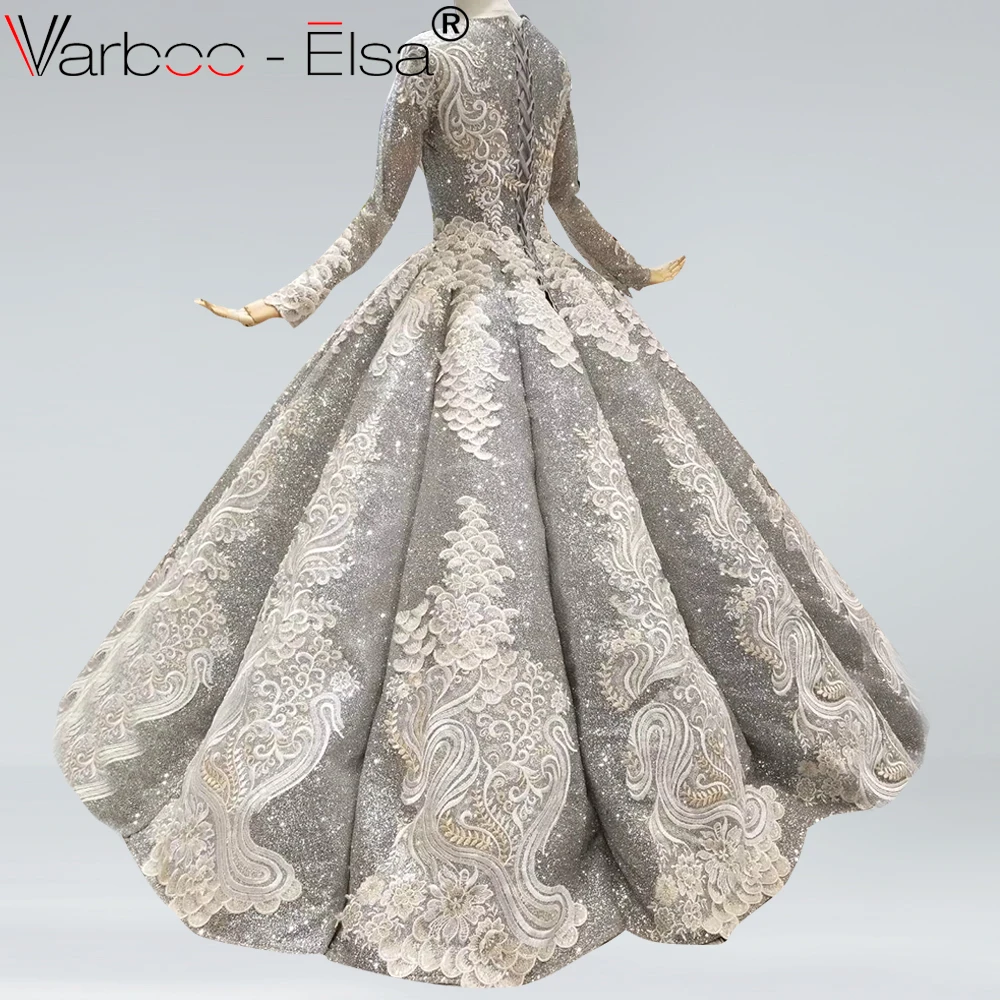 VARBOO_ELSA Новые Элегантные Роскошные кружева блестками вечернее платье мусульманских длинный рукав Арабский платье для выпускного вечера Романтический вечернее бальное платье на заказ