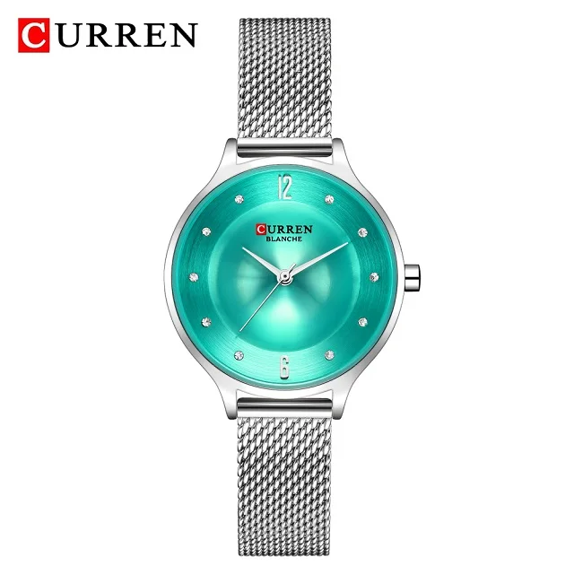 Green CURREN изысканные простые женские часы, серебряные аналоговые кварцевые часы из нержавеющей стали, женские роскошные часы от ведущего бренда Relogio Feminino - Цвет: Green