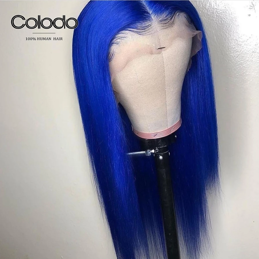COLODO Glueless 13x6 прямой парик на кружеве прозрачный кружевной предварительно сорванный синий Remy бразильские человеческие волосы парики для черных женщин