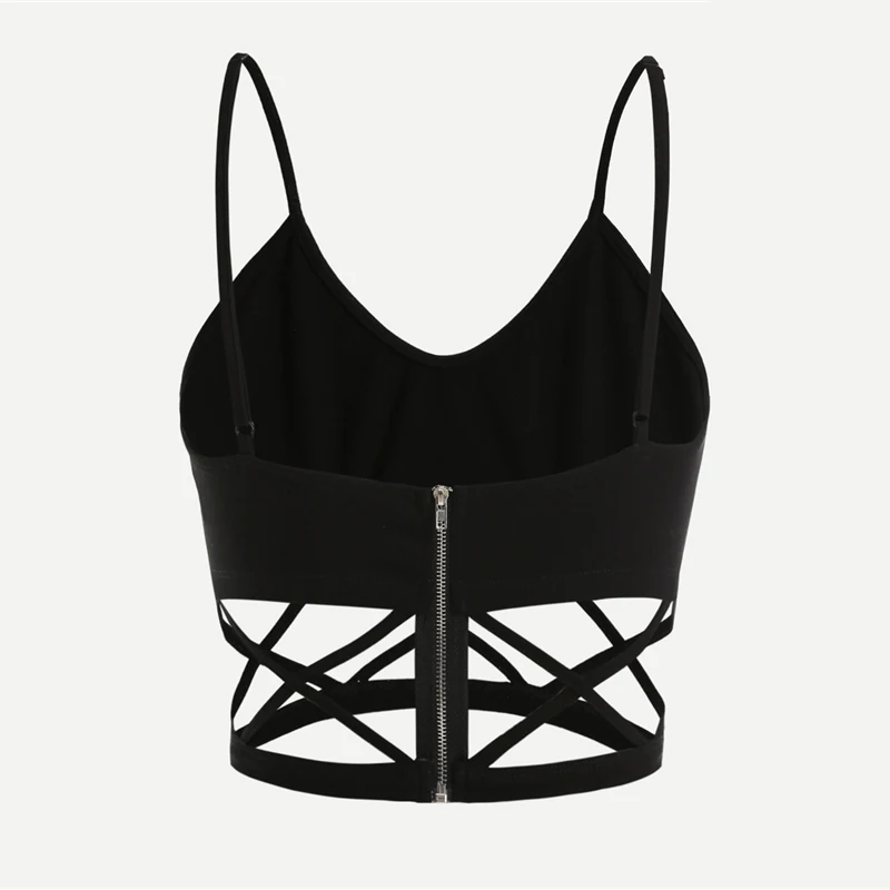 SweatyRocks черный на молнии с вырезом сзади Cami женский жилет крест-накрест простой Спагетти ремень Топ летний топ
