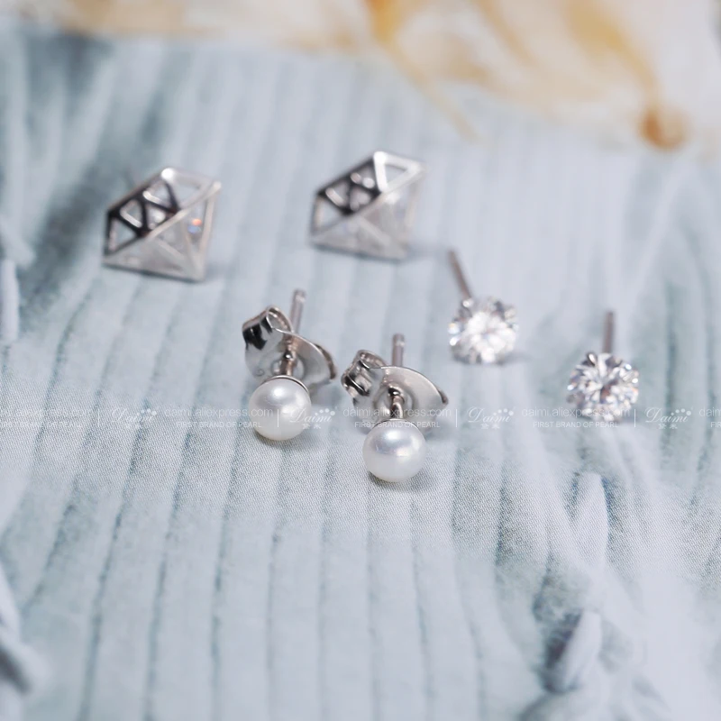 DAIMI геометрические серьги 2017 новые 3 4 мм пресноводные жемчужные гвоздики 925 пробы