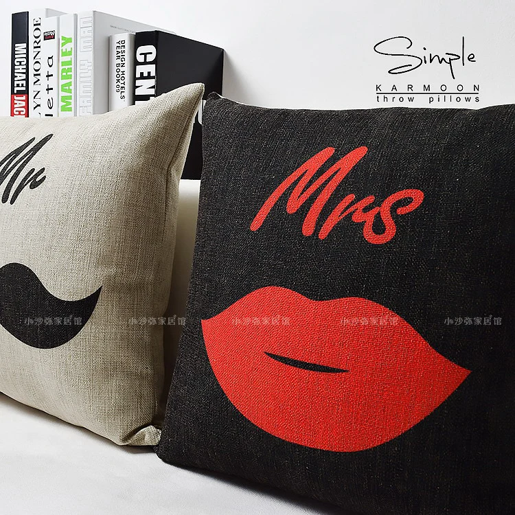 Наволочка для подушки Mr Mrs льняные усы губы поцелуй пара черные белые красные