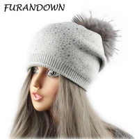 furandown big fur pompom winter hats for women caps with rhinestone pom pom beanies wool skullies