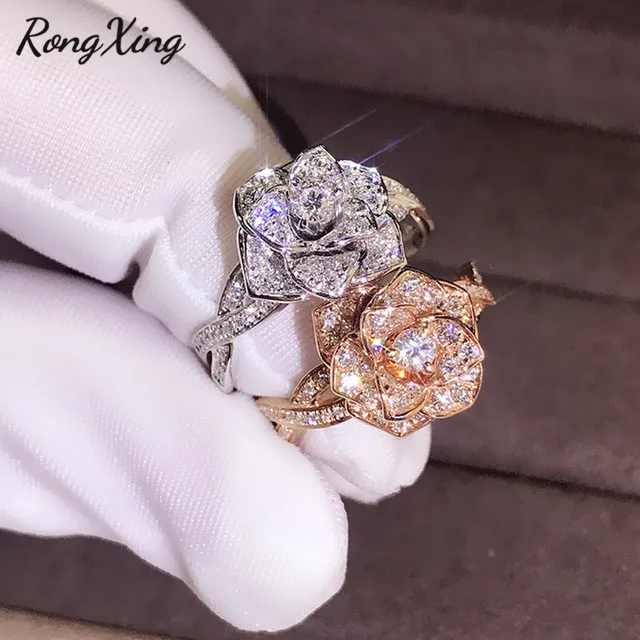 RongXing очаровательный цветок Кристалл Циркон Свадебные Кольца для женщин 925 серебро/розовое золото Женское Обручальное кольцо камень свадебные украшения