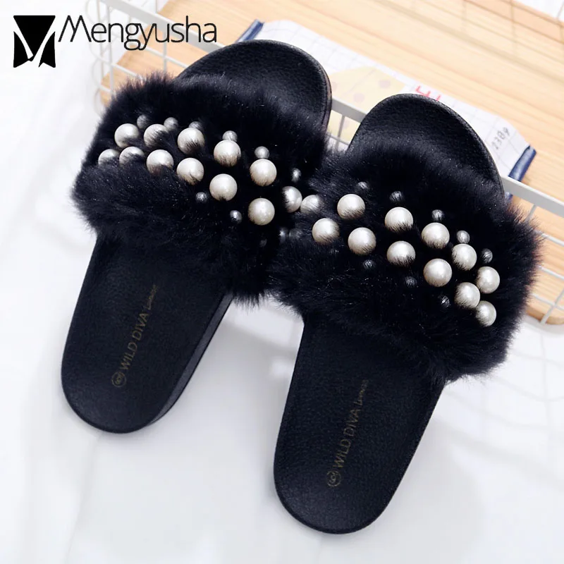 Меховые тапочки с жемчужинами женские модные Универсальные высококачественные