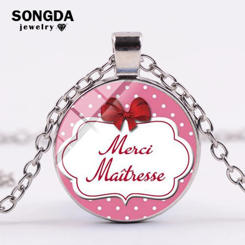 

SONGDA Fashion Sweet Style Merci Mistress Necklace Teacher Gift High Quality Glass Cabochon Pendant Chain Necklace Quote Jewelry