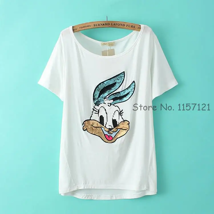 popular European fashion summer short cut T shirt brand in front sequins Bugs bunny Rabbit T-shirt women's | Женская одежда
