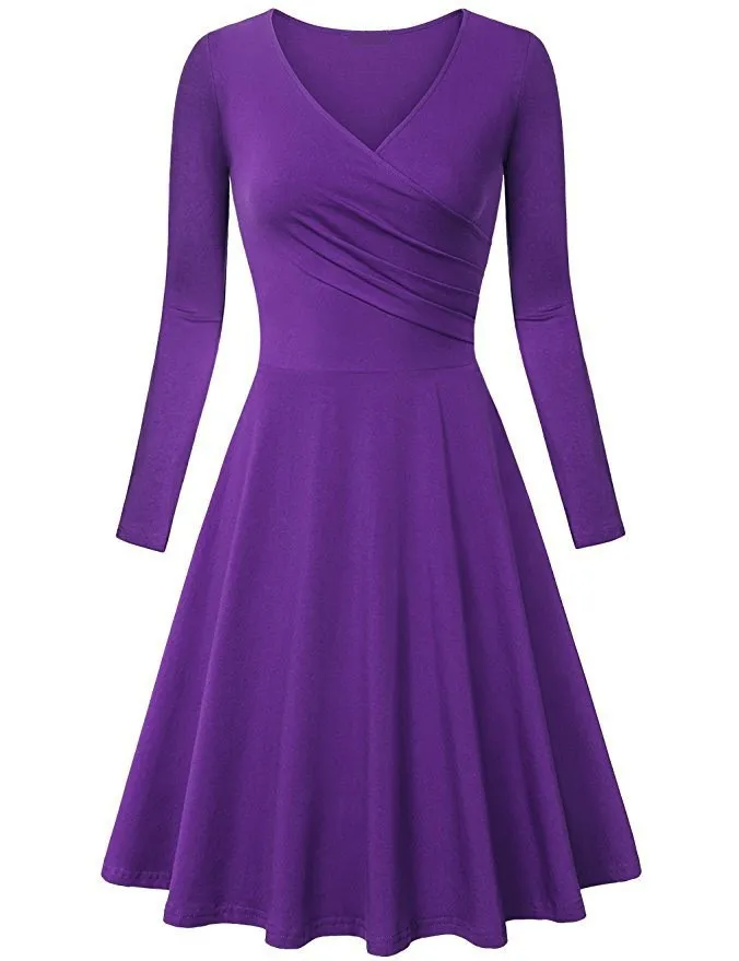 

fashion style solid elegant a-line knee length woman dresses spring autumn office lady long sleeve empire v-neck female dresses