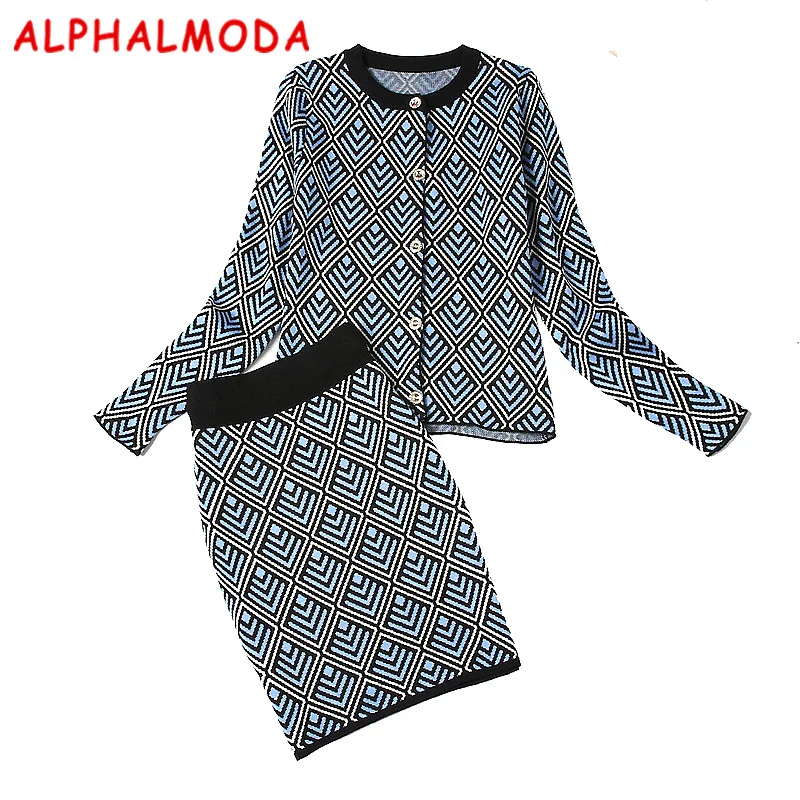 [ALPHALMODA] OL Элегантные комплекты одежды, зимние однобортные кардиганы с геометрическим узором и длинными рукавами, юбки, вязаные комплекты