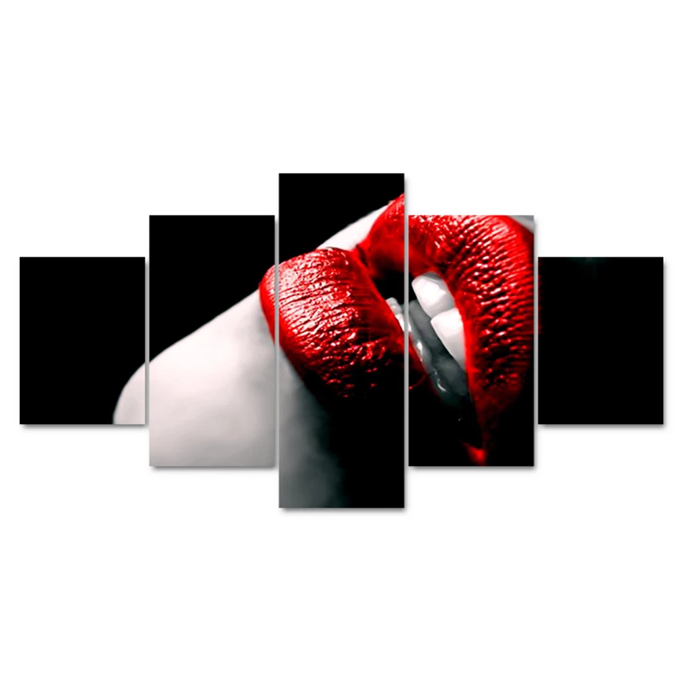 

Canvas HD Prints Poster Modular Wall Art Painting Framework 5 Pieces Sexy And Flaming Red Lips Pictures Living Room Home Decor