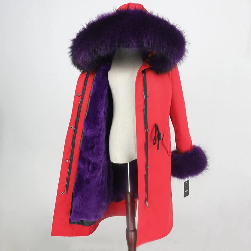 red purple OFTBUY, водонепроницаемая верхняя одежда, удлиненная парка, зимняя куртка для женщин, натуральный мех енота, капюшон, пальто из натурального кроличьего меха, теплая уличная одежда, новинка - Цвет: red purple