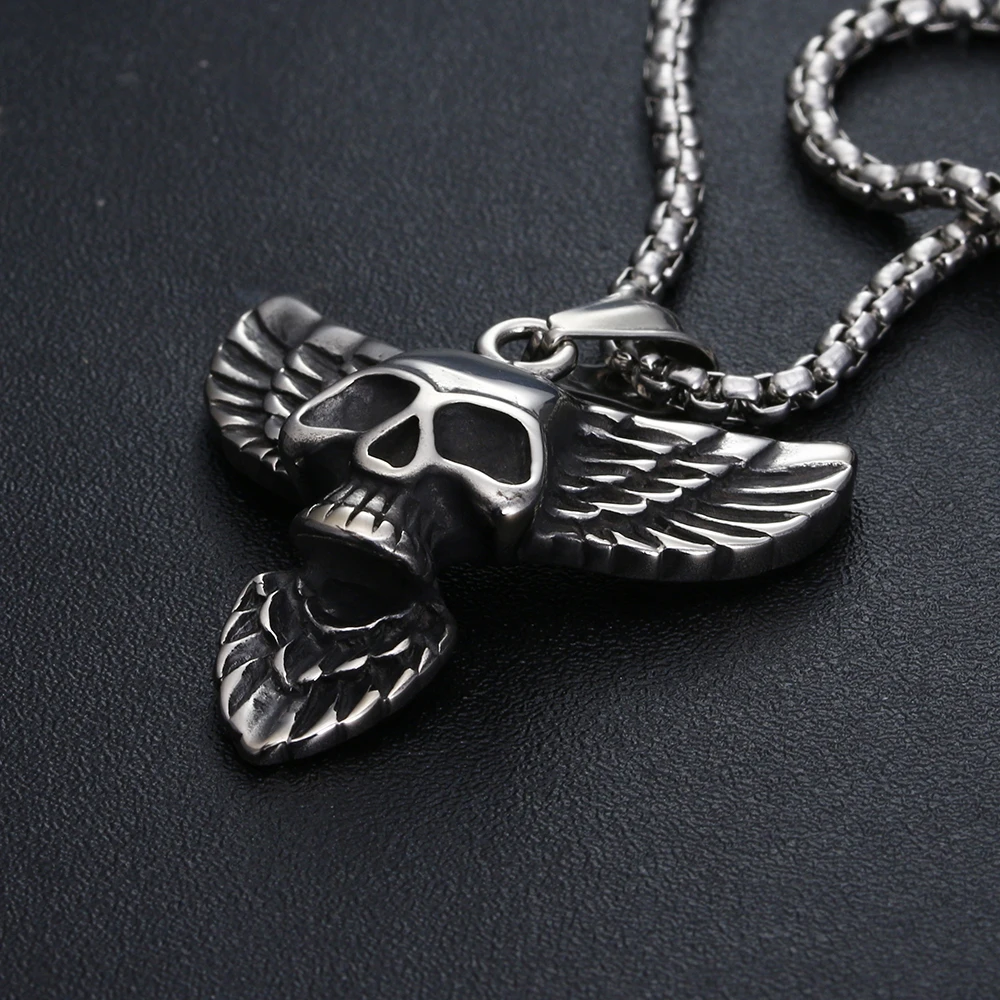 

Hallowmas Gift Antique Skull Pendant Stainless Steel Men Jewelry Gold Color Punk Vintage Wing Necklace