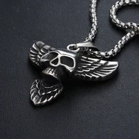 hallowmas gift antique skull pendant stainless steel men jewelry gold color punk vintage wing necklace