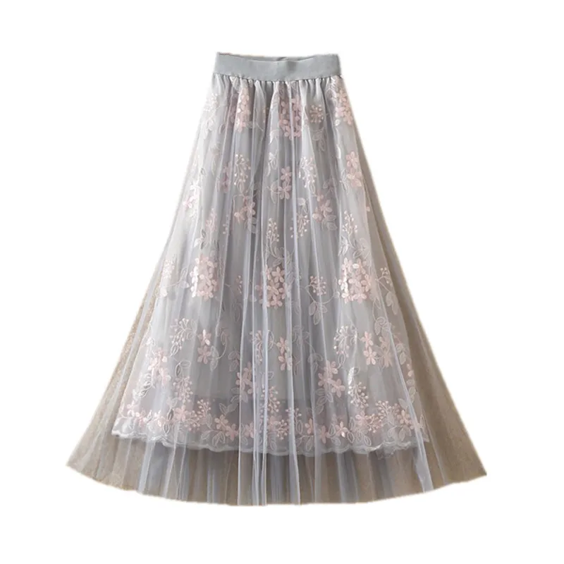 

pleated A-line women skirts mesh floral printed sweet office lady elegant skirts all match fashion skirts top quality