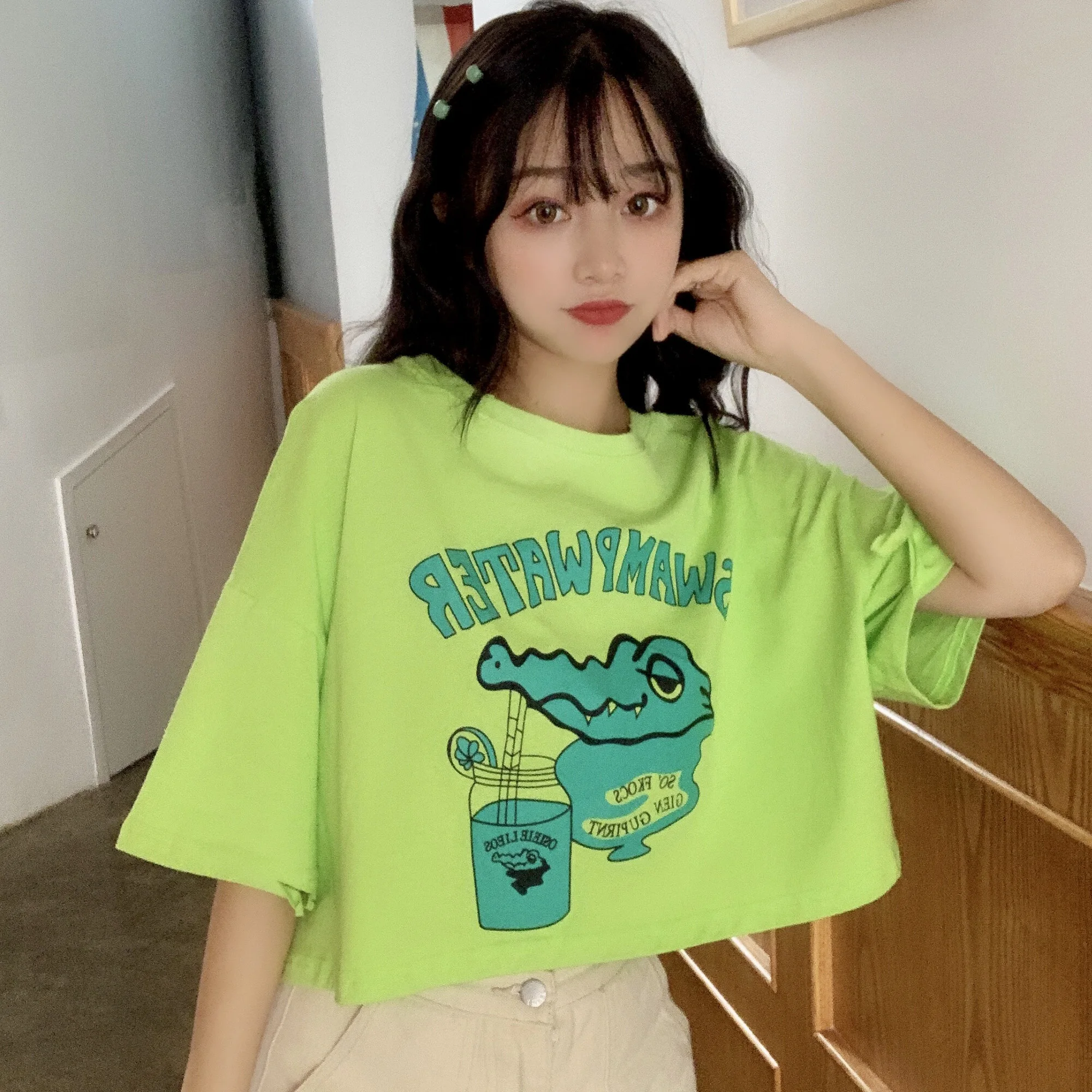 Harajuku Ulzzang милый топ с мультяшным принтом топы короткими рукавами в японском стиле