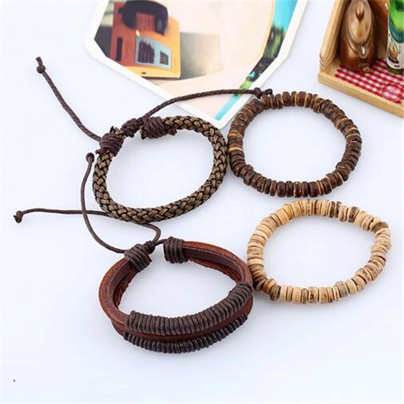 ZOSHI Fashion 4pcs 1 Set Punk Genuine Wrap Leather Bracelets Men For Women Charm Wood Beads Bracelets Cuff Jewelry Accessories images - 6