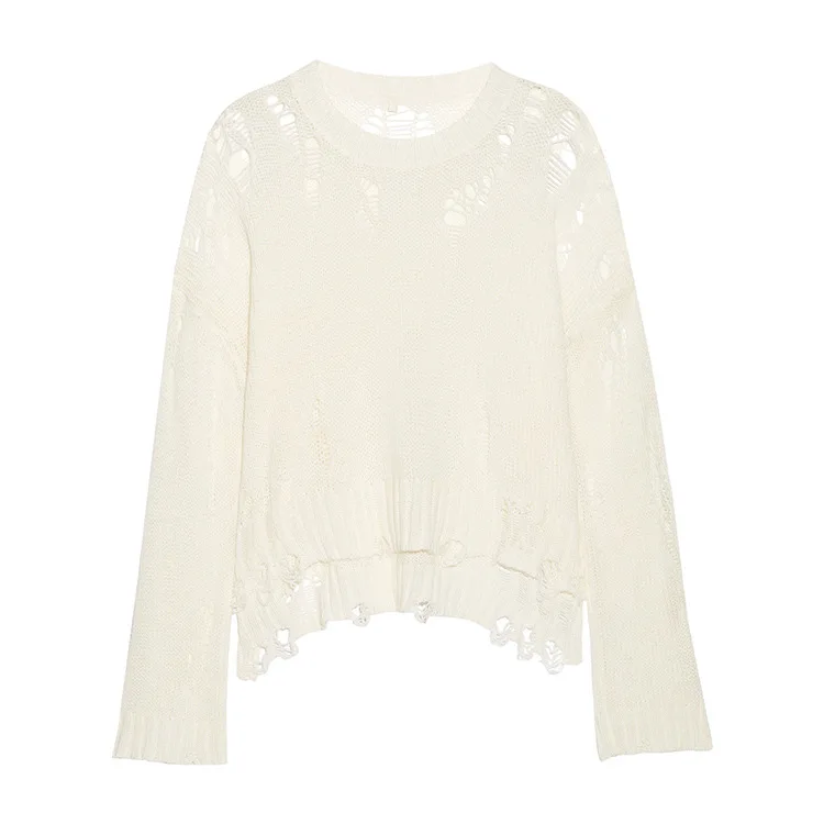 Fetoo Thin Fashion Ripped Hole Knitted Pullover Women Sweater Loose Casual High-low Hem Long Sleeve Knitting Sweaters Female | Женская