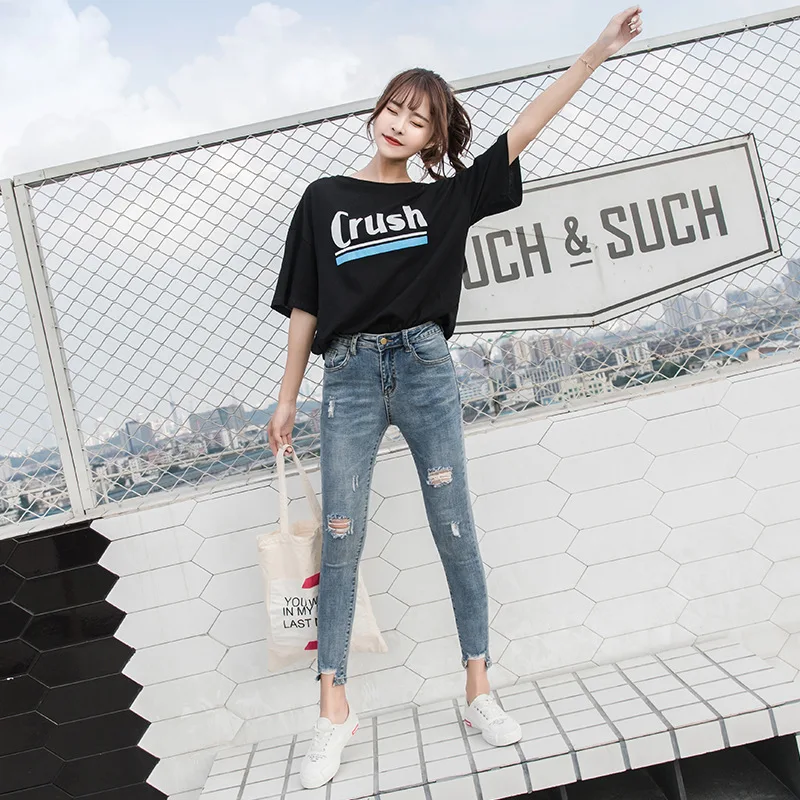 

Hole Ripped Jeans Women Boyfriend Denim Vintage High Elastic Waist Casual Pants Female Slim Pencil Pants Plus Size