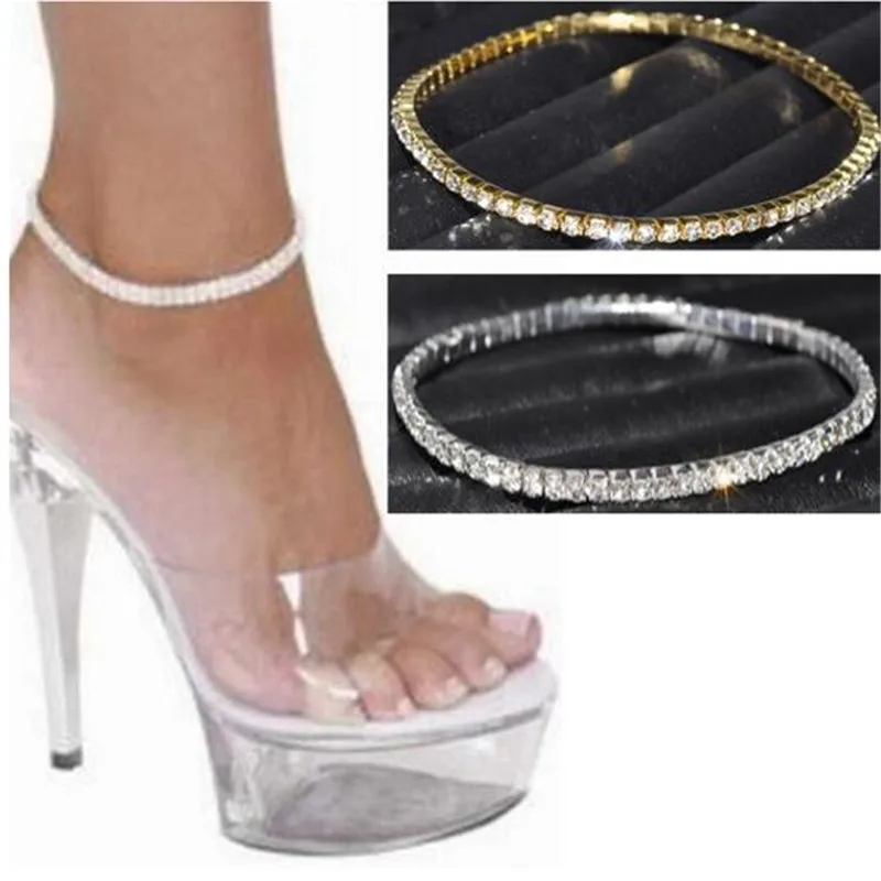 Браслеты на ногу с прозрачными кристаллами в один или два ряда теннисные