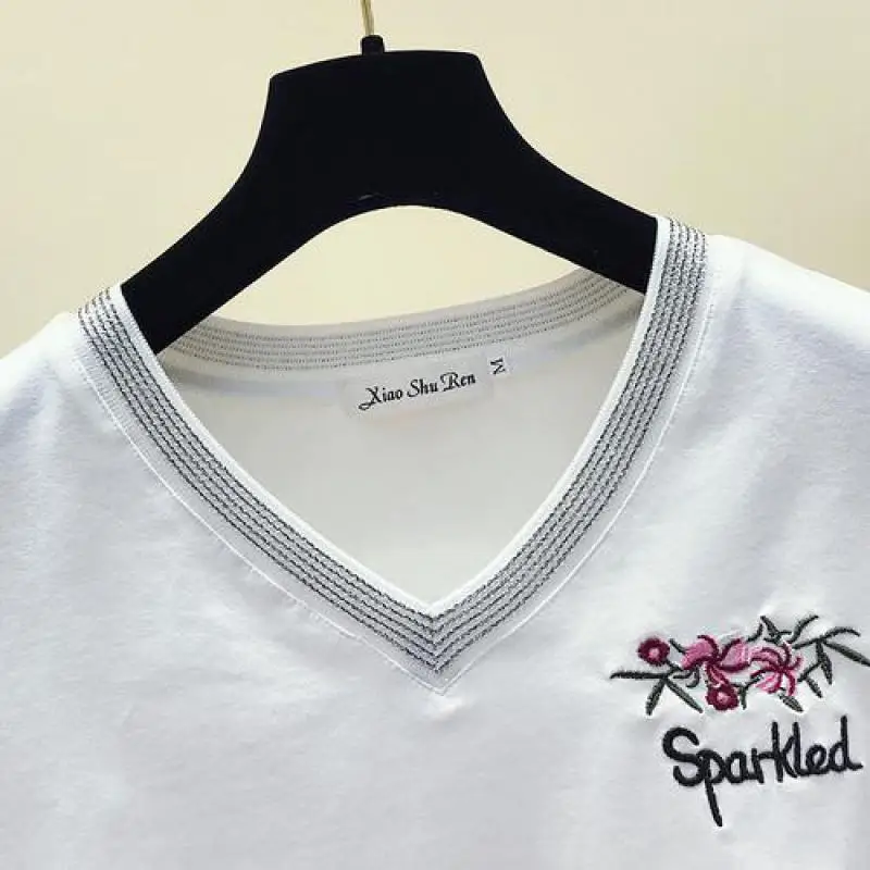 New Fashion Females Bright Wire V-Neck Short Sleeve T-Shirts 2019 Summer Womens Trend Alphabetical Embroidery White Tops | Женская