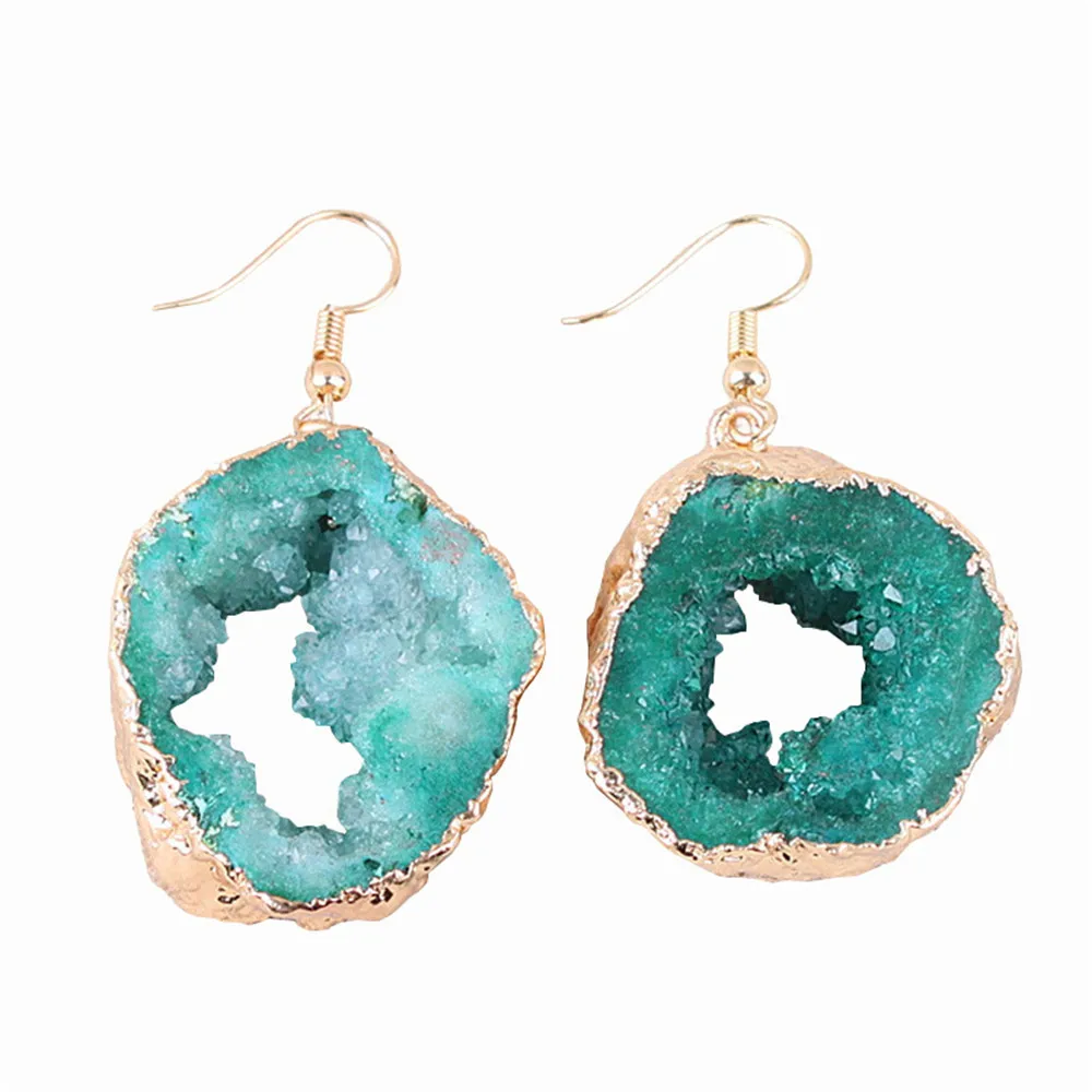 Серьги Geode в этническом стиле с кристаллами и камнями, серьги с кристаллами и опалом, серьги с друзами, серьги с зелеными агатами, висячие серьги