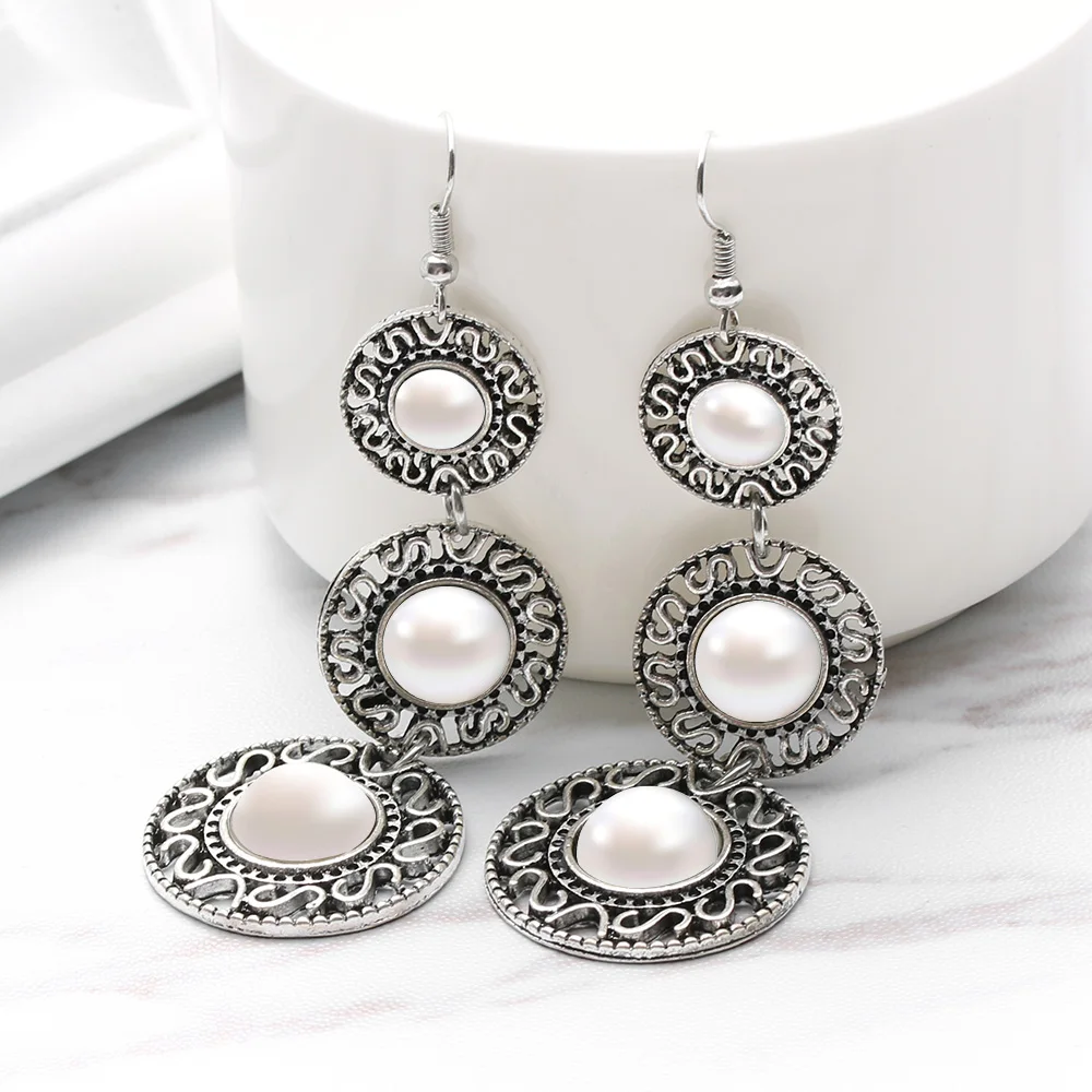 Женские винтажные этнические висячие серьги с 3 круглыми искусственными