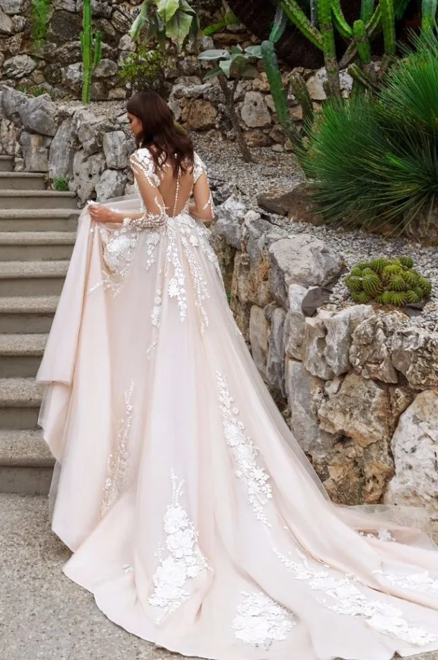 2017 New Arrival Pink A-Line Lace Wedding Dress Fashion Tulle Appliques Long Sleeve Vestido De Noiva Romantic Gowns | Свадьбы и