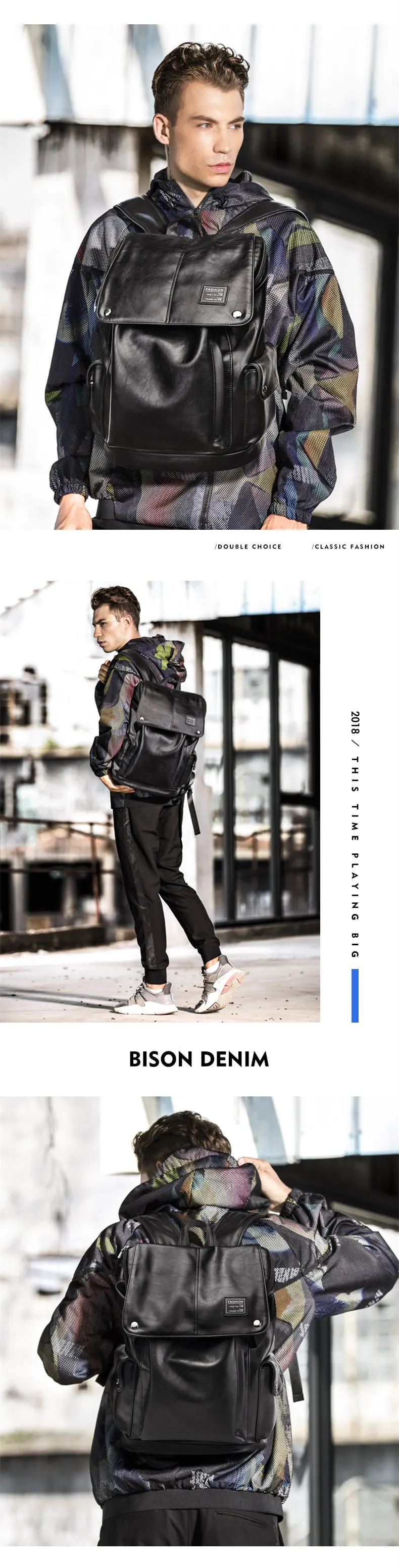 BISON DENIM модный мужской рюкзак из искусственной кожи, брендовая Водонепроницаемая дорожная сумка, школьные рюкзаки для подростков