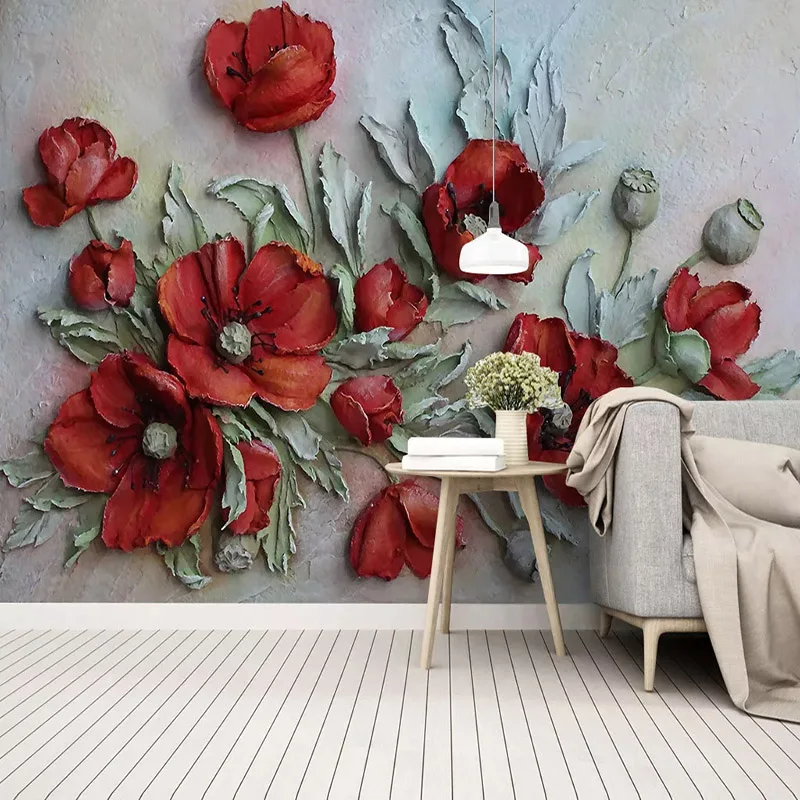 Foto Tapete 3D Stereo Relief Rote Mais Mohn Blumen Fresko Wohnzimmer Hochzeit Haus Schlafzimmer Romantische Wohnkultur Wand Papiere