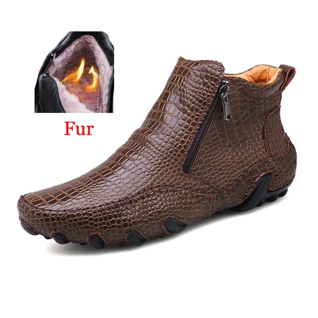 brown fur Г.; Лидер продаж; Модные Качественные кожаные мужские ботинки; зимняя теплая Повседневная обувь; мужская обувь на молнии; мужские Ботильоны черного цвета; большой размер 47 - Цвет: brown fur