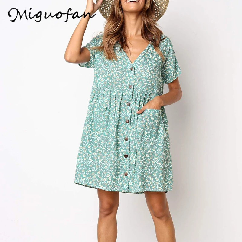 Женское мини платье Miguofan с цветочным принтом карманами и кнопками свободные