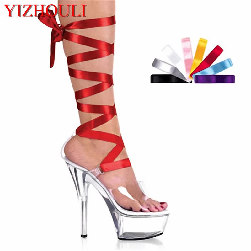 15cm ultra high heels shoes crystal ribbon platform sandals 6 inch heel interchangable ribbon laces. colour ribbons Dance Shoes