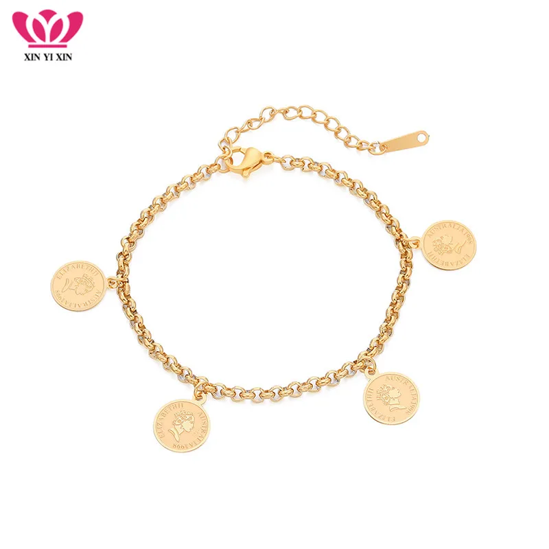 

Statement Gold Coin Stainless Steel Bracelet Women Simple Color Round Queen Elizabeth Bracelet Bangle Hand Accessory Jewelry